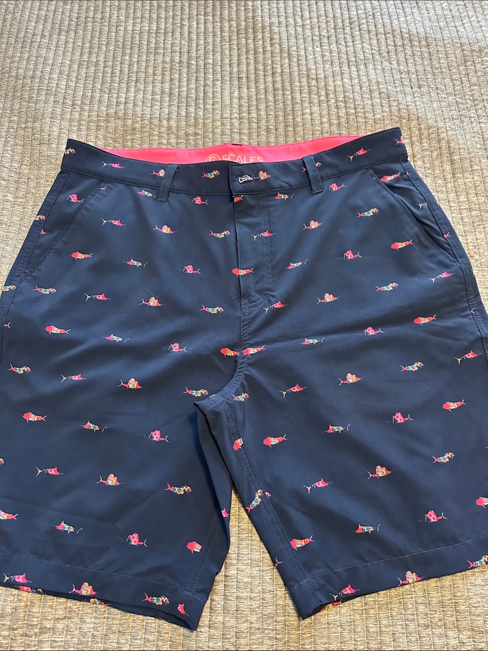 Men’s Navy Swim Board Shorts with Pink Fish Motif
